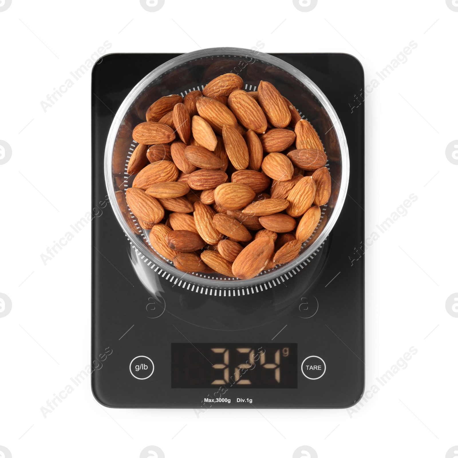 Photo of Electronic kitchen scale with almonds isolated on white, top view