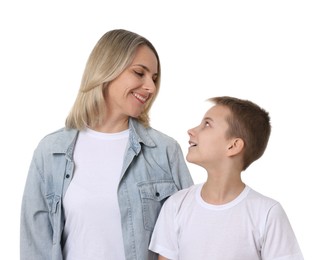 Happy mother and son on white background