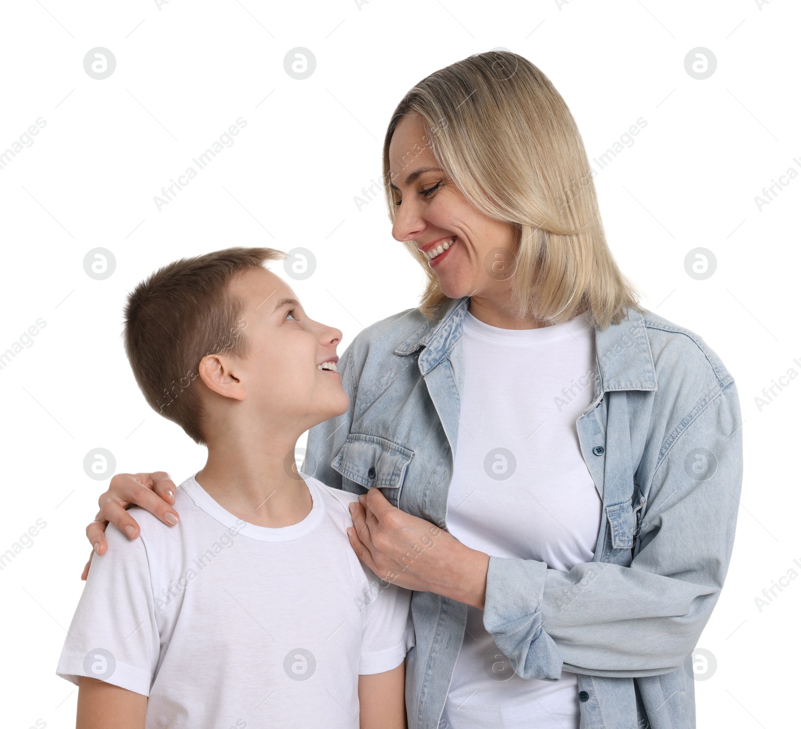 Photo of Happy mother and son on white background