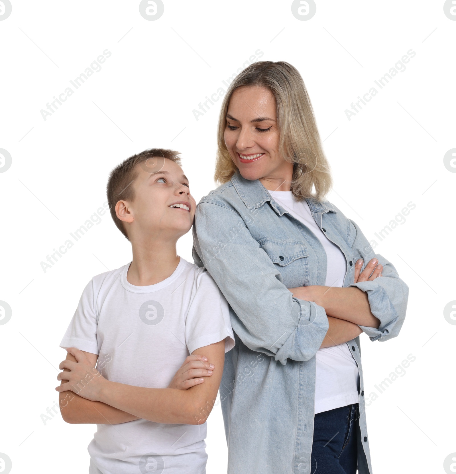 Photo of Happy mother and son on white background