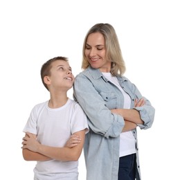 Photo of Happy mother and son on white background