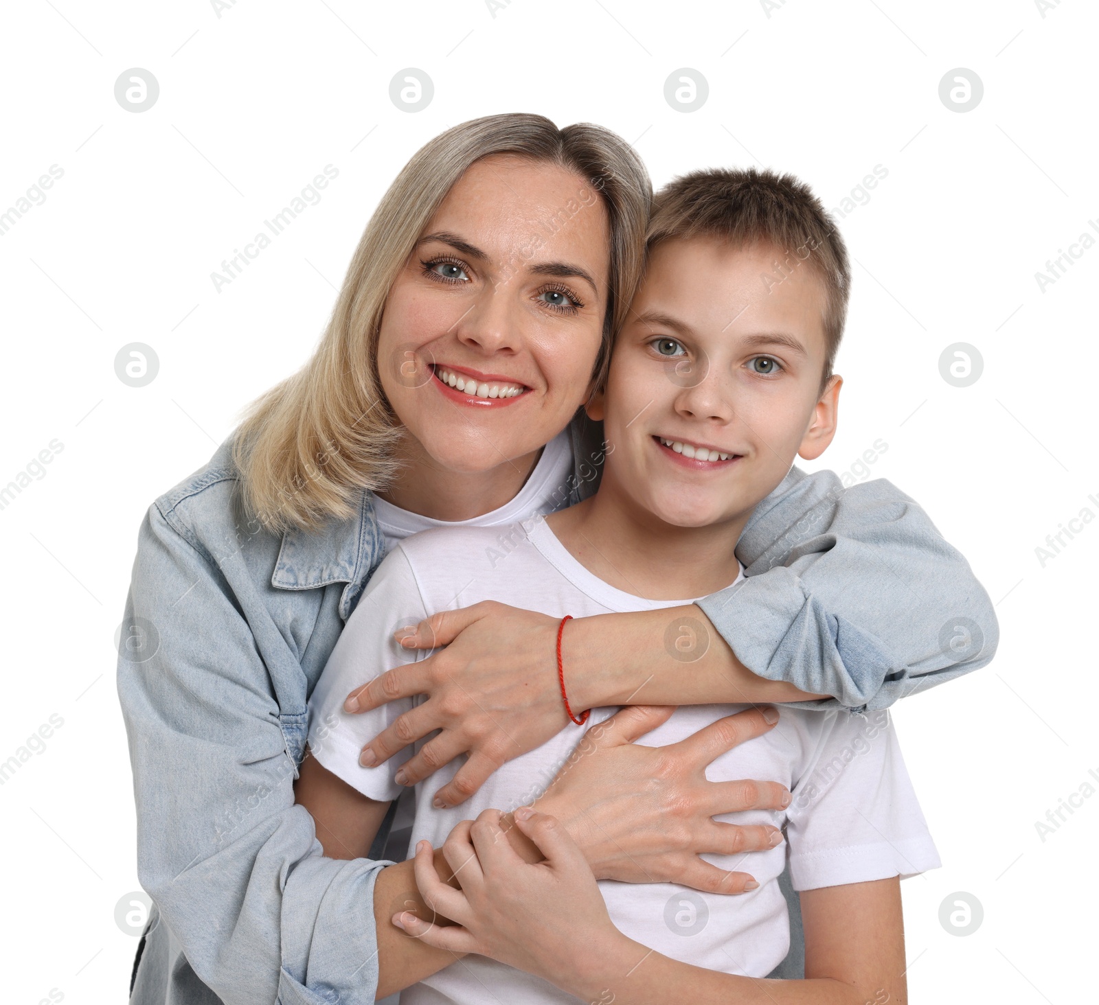 Photo of Mother and son hugging on white background