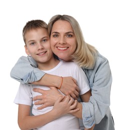 Mother and son hugging on white background