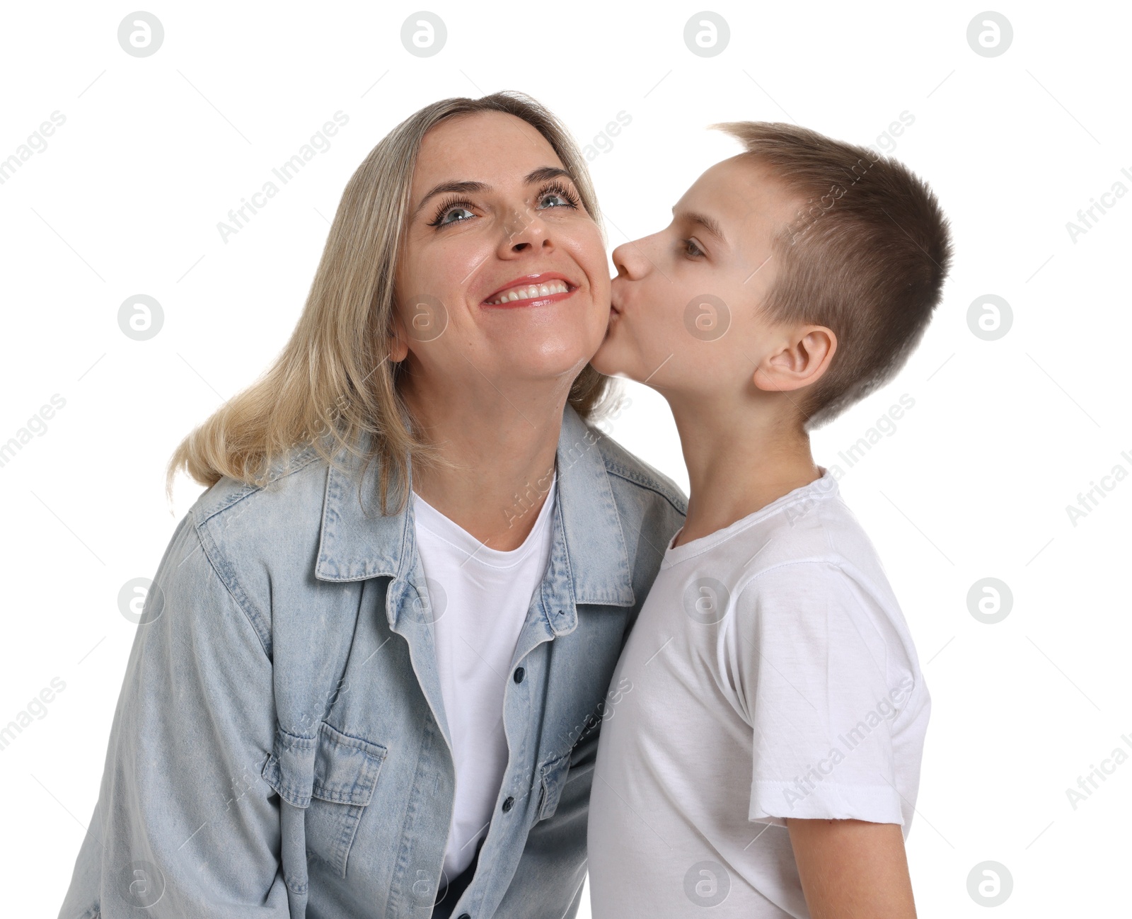 Photo of Son kissing his mom on white background