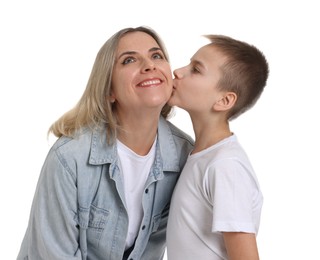 Son kissing his mom on white background