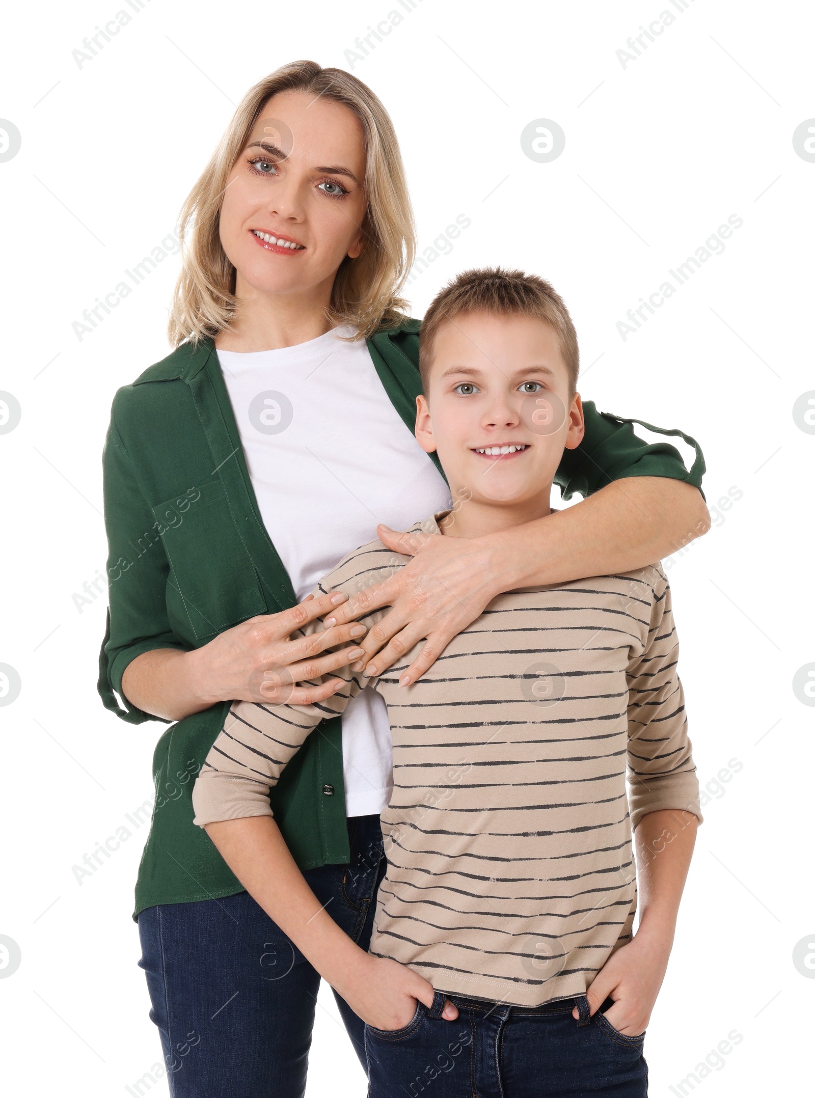 Photo of Mother and son hugging on white background