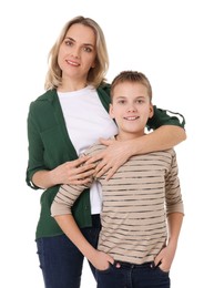 Photo of Mother and son hugging on white background