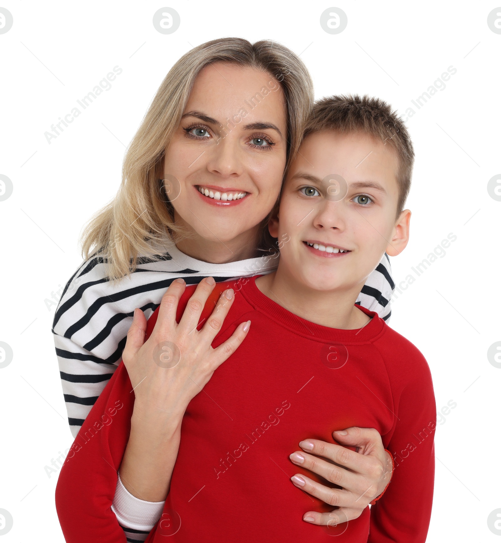 Photo of Mother and son hugging on white background