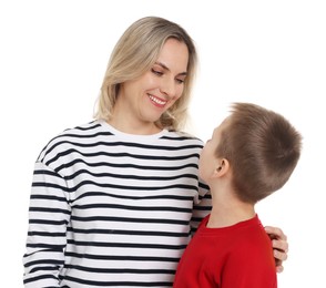 Photo of Happy mother and son on white background