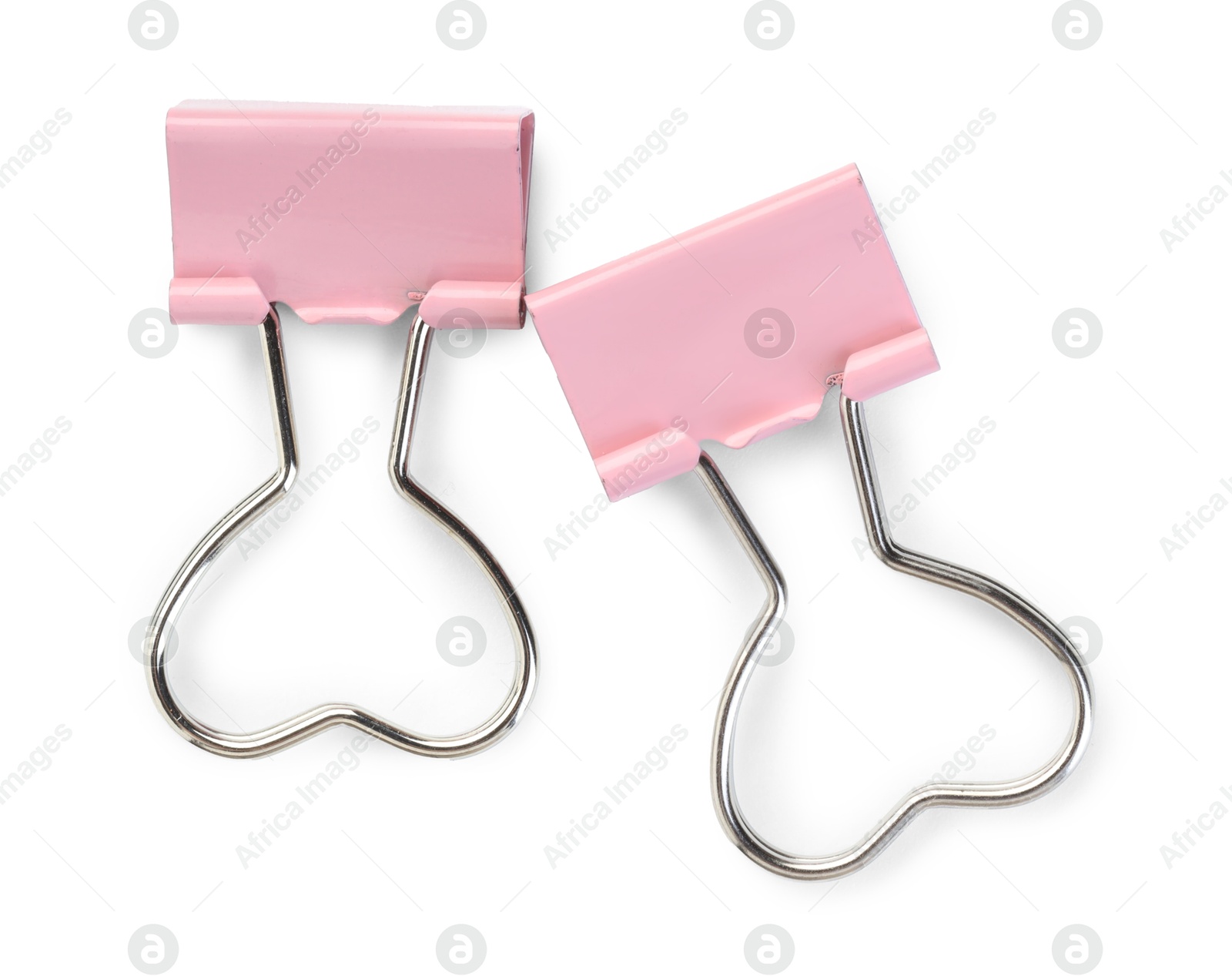 Photo of Heart shaped binder clips isolated on white, top view