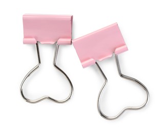 Photo of Heart shaped binder clips isolated on white, top view