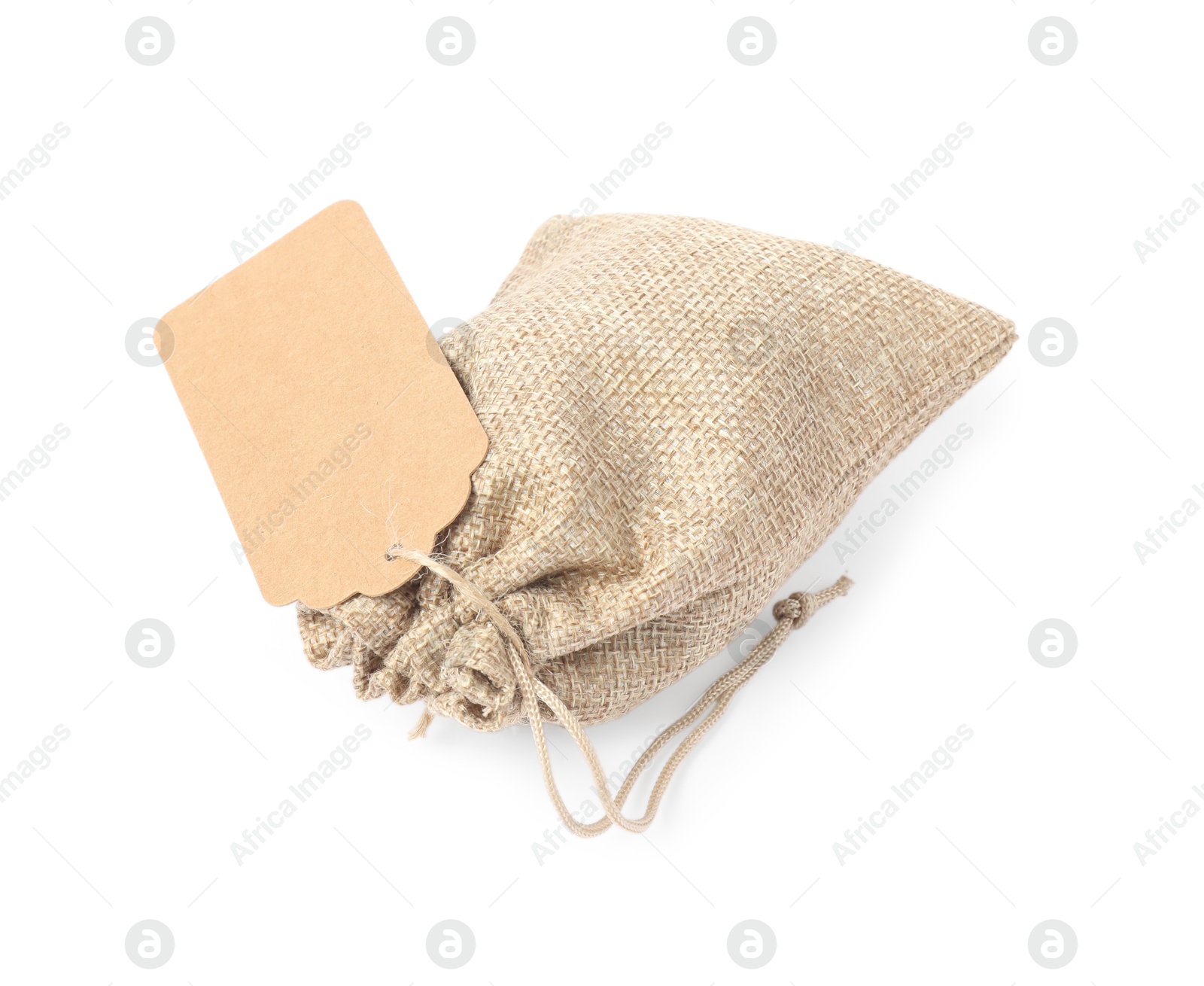 Photo of One burlap bag with tag isolated on white