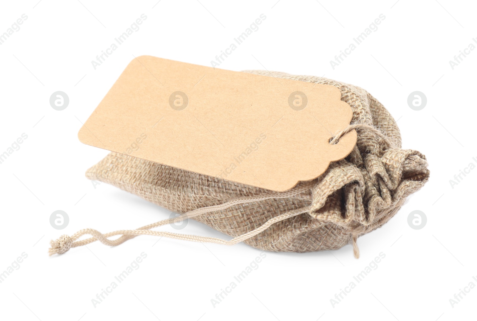 Photo of One burlap bag with tag isolated on white