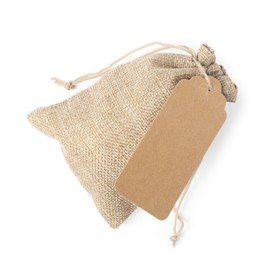 Photo of One burlap bag with tag isolated on white, top view