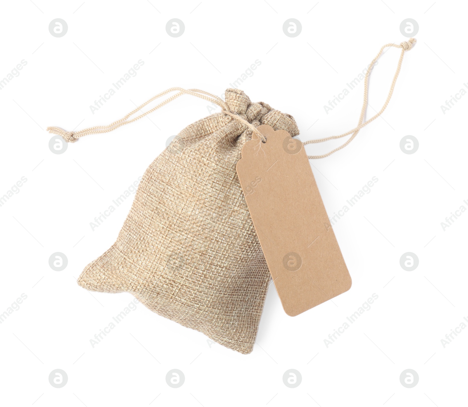 Photo of One burlap bag with tag isolated on white, top view