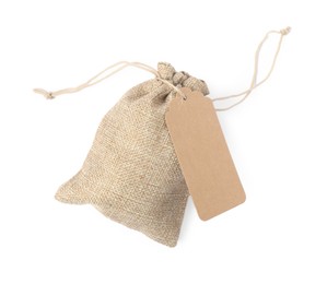 One burlap bag with tag isolated on white, top view