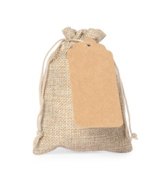 Photo of One burlap bag with tag isolated on white