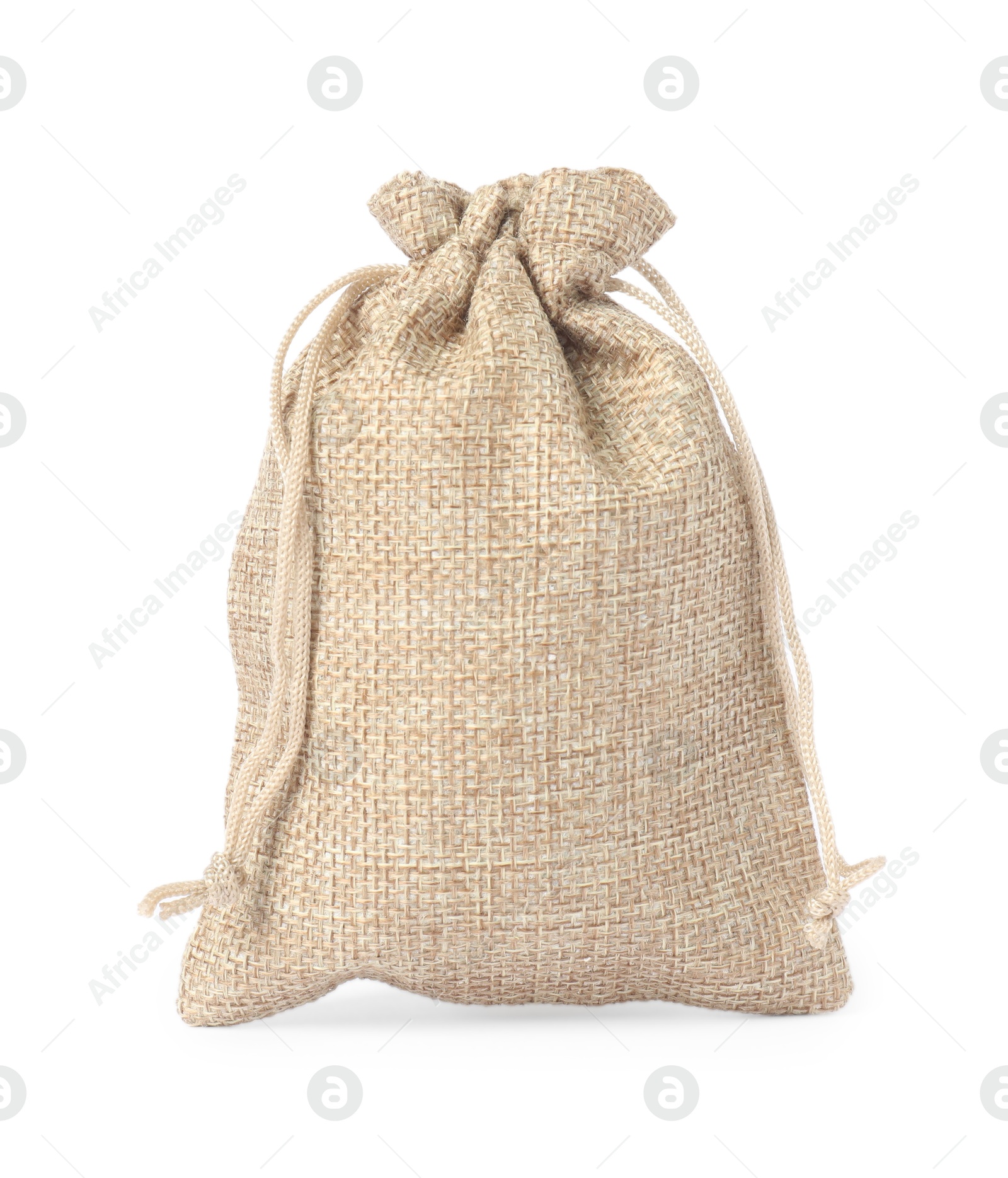 Photo of One beige burlap bag isolated on white