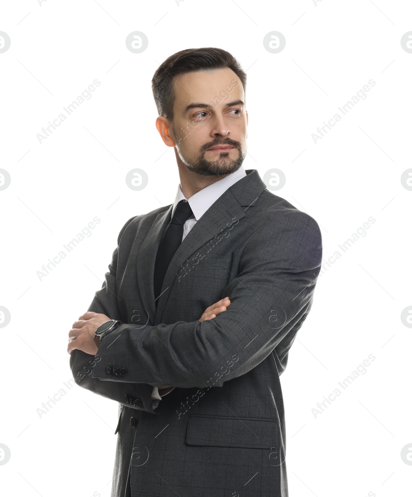 Photo of Confident man in classic suit on white background