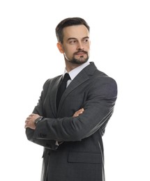 Photo of Confident man in classic suit on white background