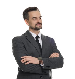 Photo of Confident man in classic suit on white background