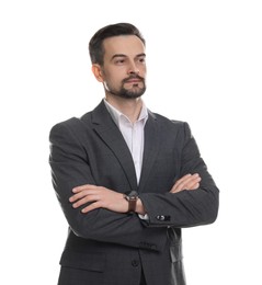 Photo of Confident man in classic suit on white background