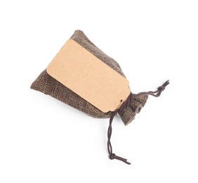 Photo of Burlap bag with tag isolated on white, top view