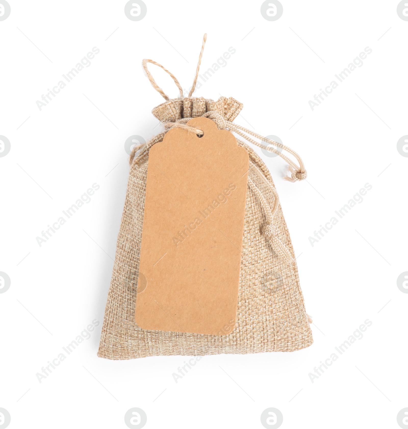 Photo of Burlap bag with tag isolated on white, top view