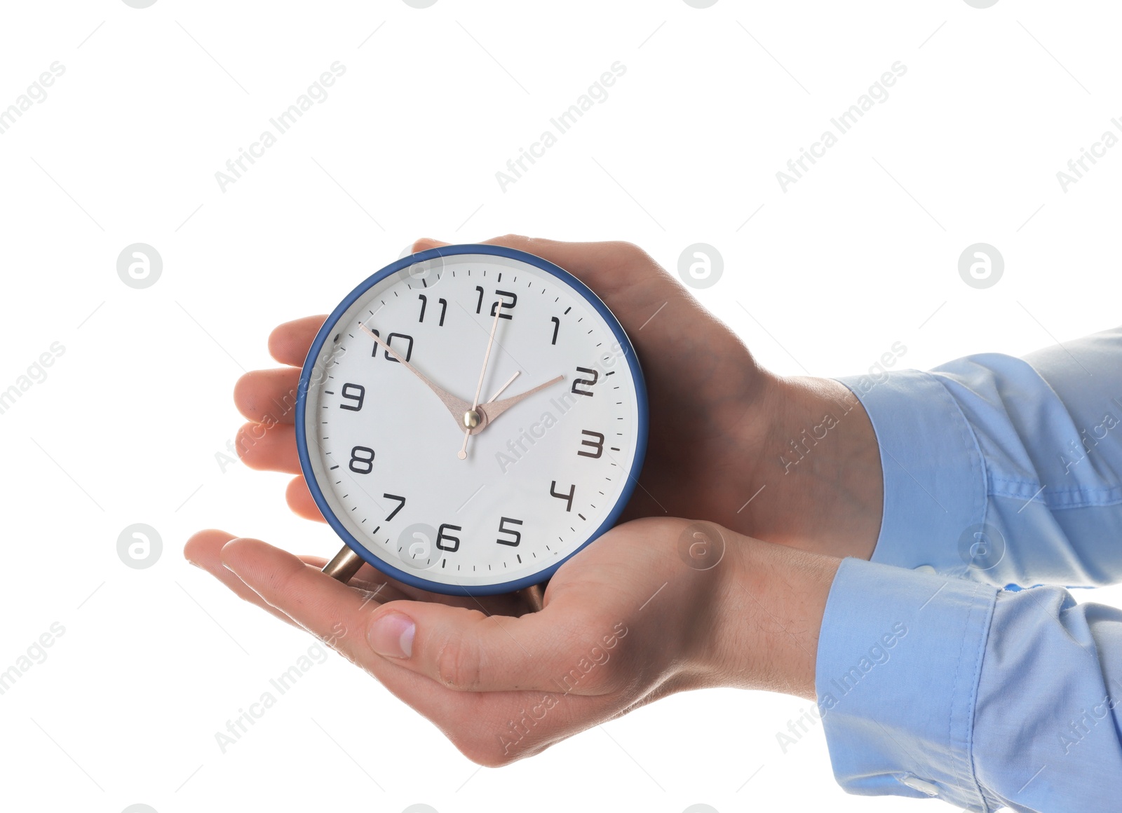 Photo of Man with alarm clock on white background, closeup