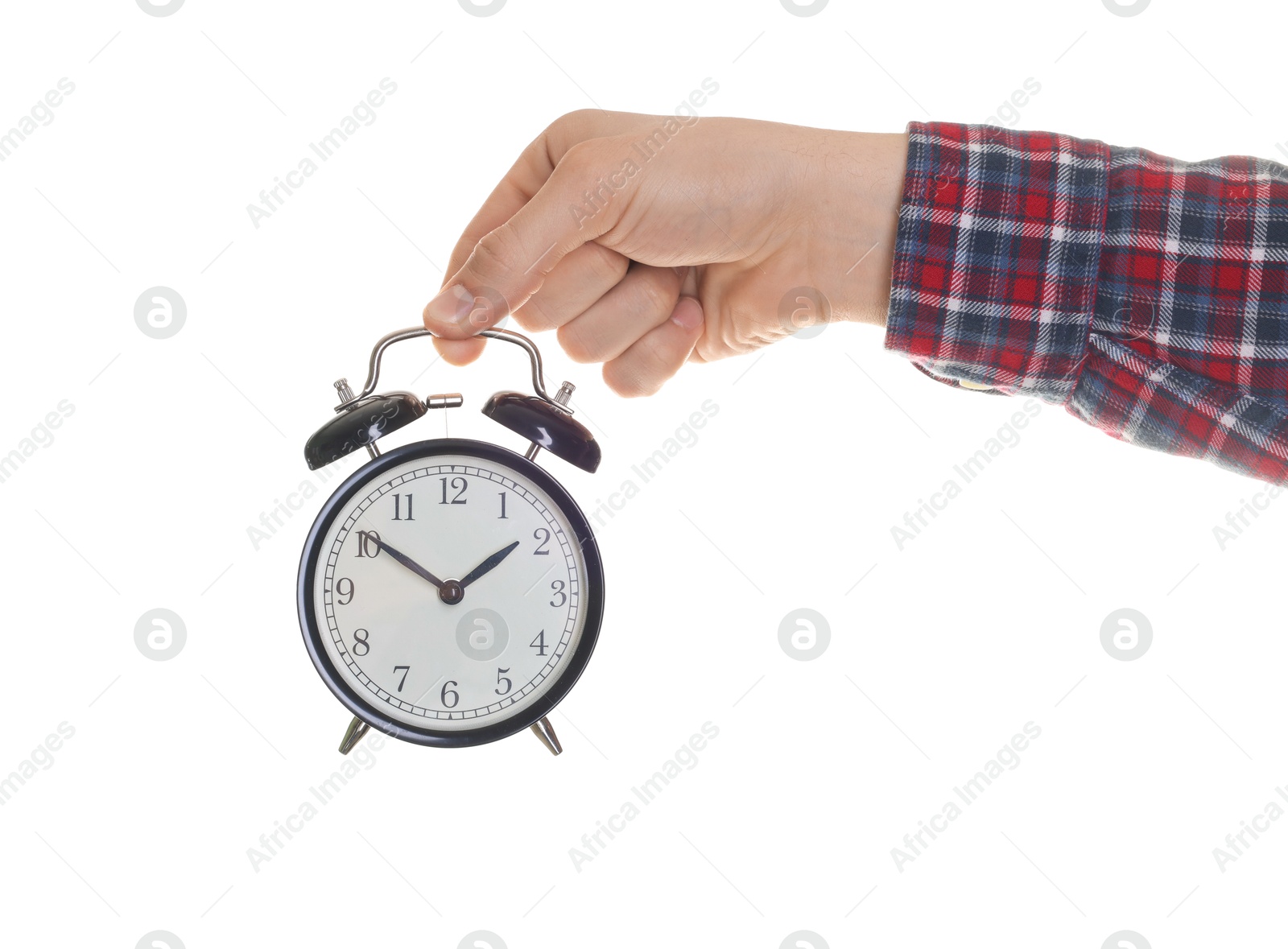 Photo of Man with black alarm clock on white background, closeup