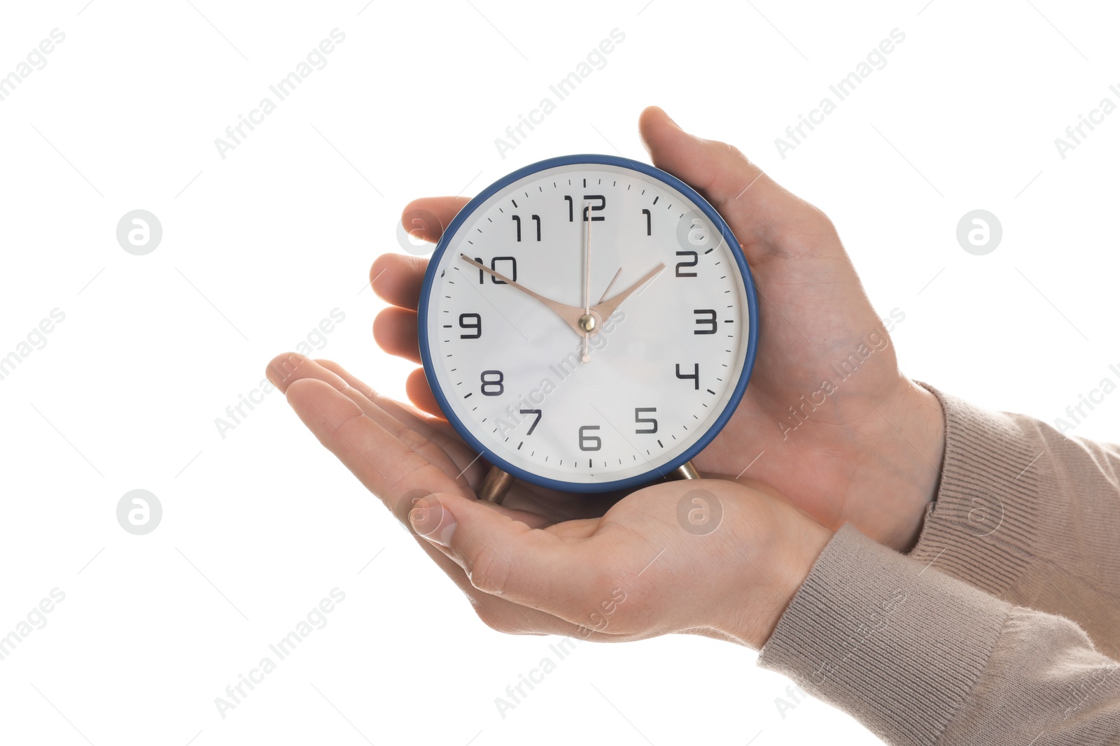 Photo of Man with alarm clock on white background, closeup