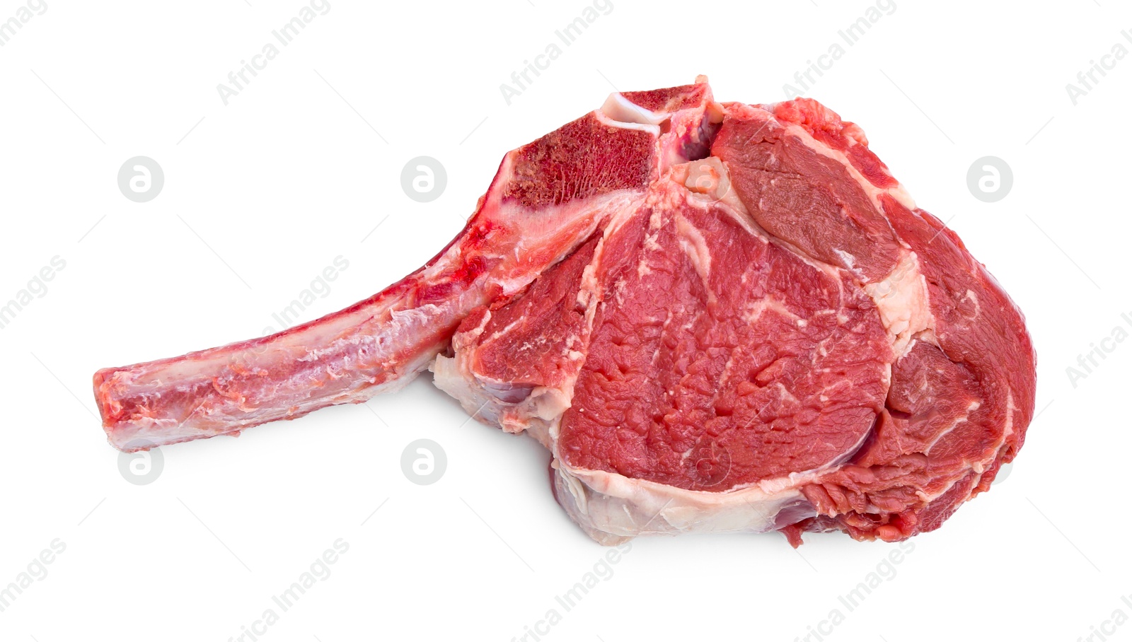 Photo of One raw beef steak isolated on white, above view