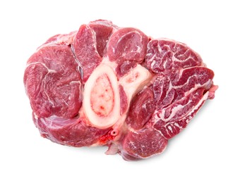 Photo of Piece of raw beef meat isolated on white, top view