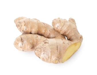 Photo of Fresh ginger isolated on white. Root vegetable