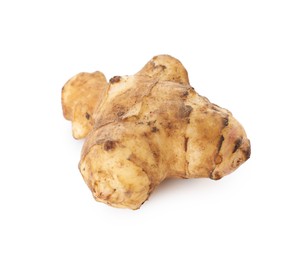 Photo of Fresh Jerusalem artichoke isolated on white. Root vegetable