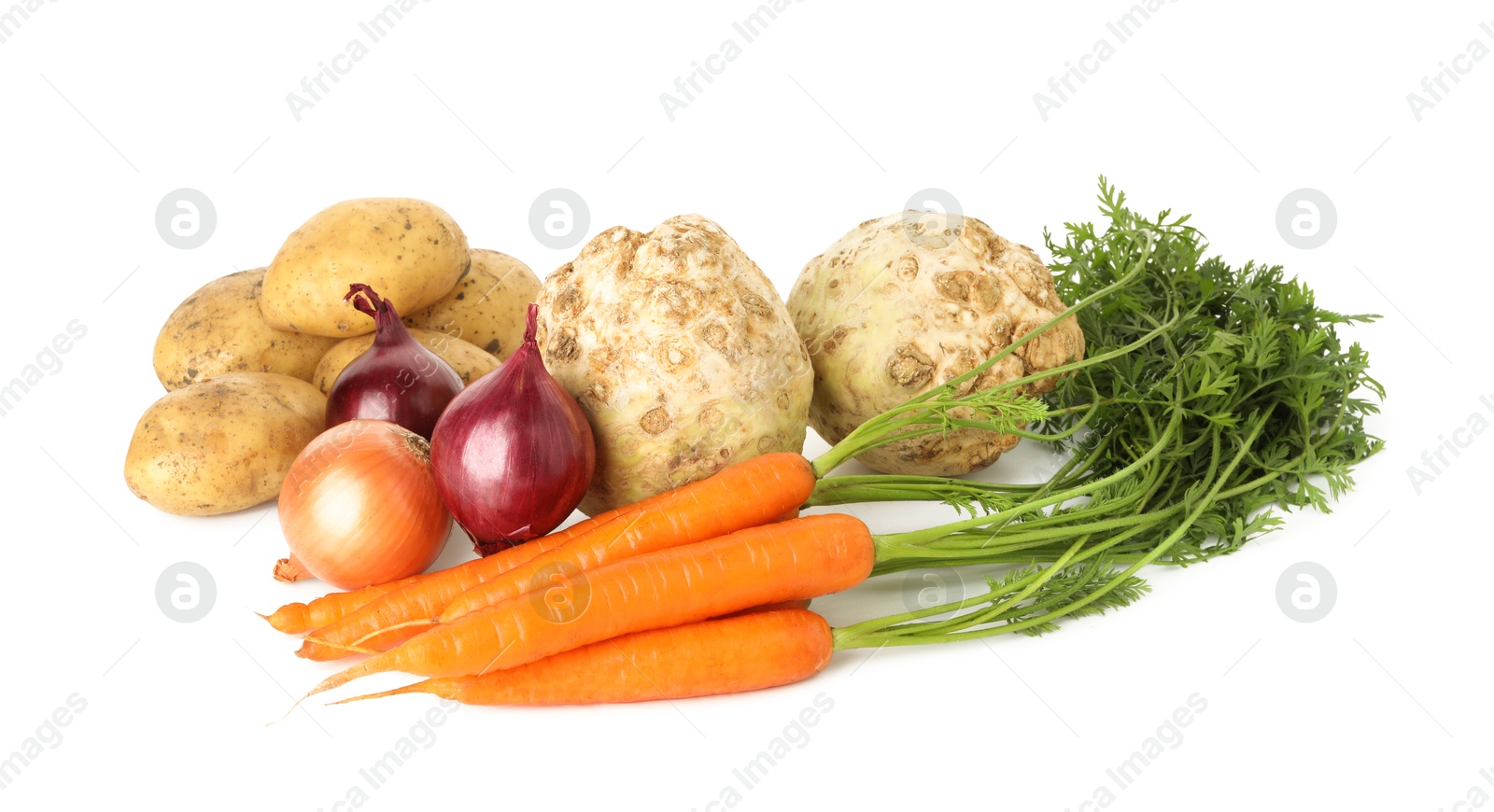 Photo of Many different root vegetables isolated on white