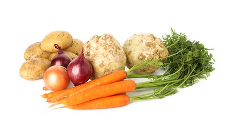 Photo of Many different root vegetables isolated on white