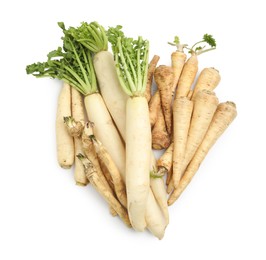 Photo of Many different root vegetables isolated on white, top view