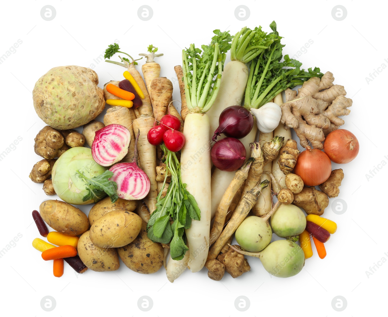 Photo of Many different root vegetables isolated on white, top view