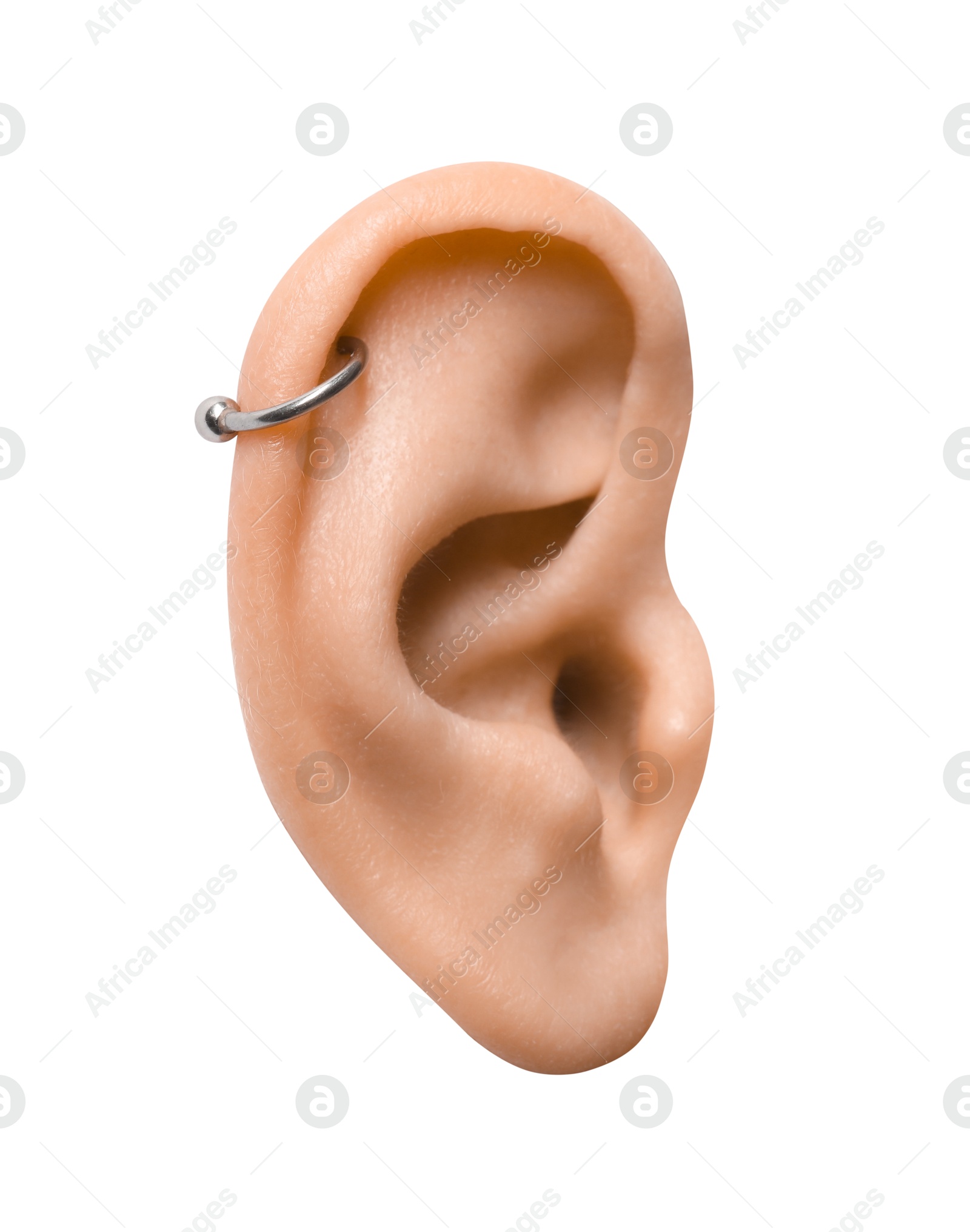 Photo of Woman on white background, closeup of ear