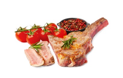 Photo of Pieces of delicious beef meat, spices and tomatoes isolated on white