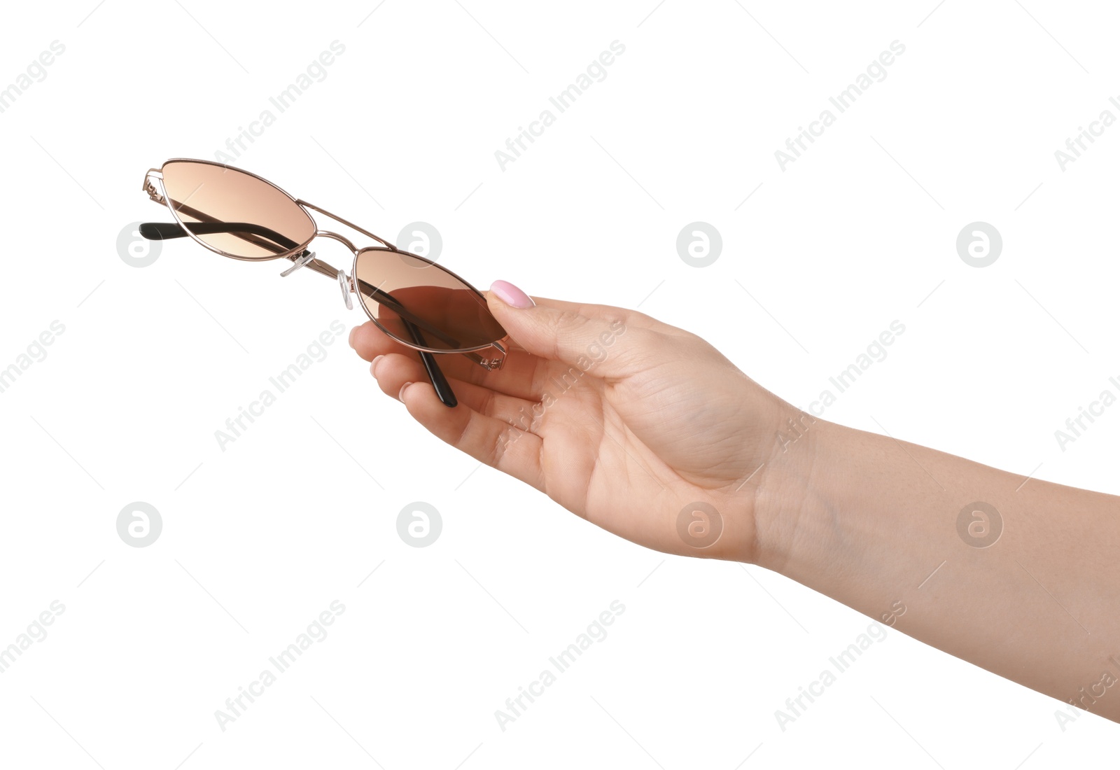 Photo of Woman with beautiful sunglasses on white background, closeup. Stylish accessory