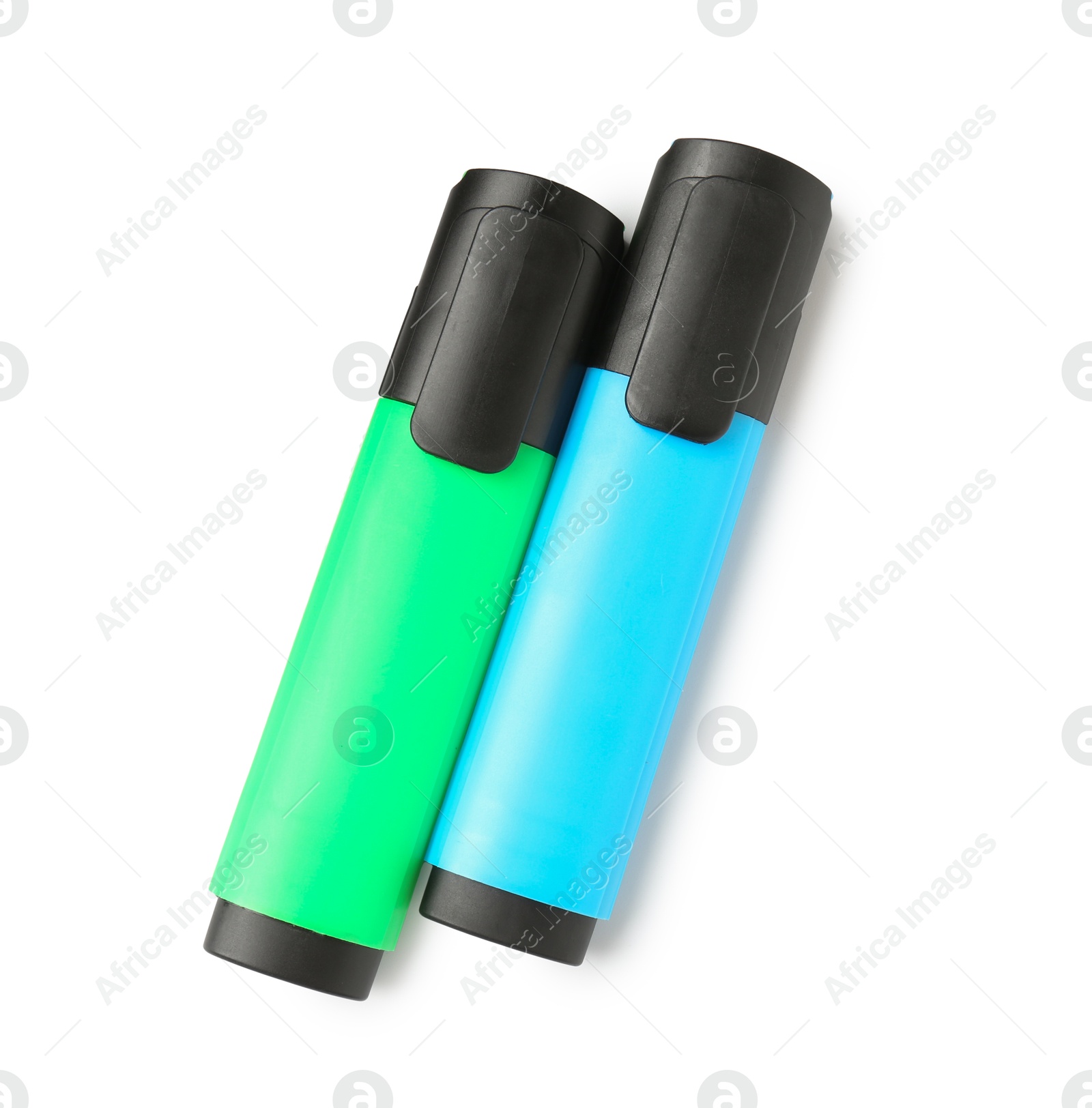 Photo of Bright highlighters isolated on white, top view