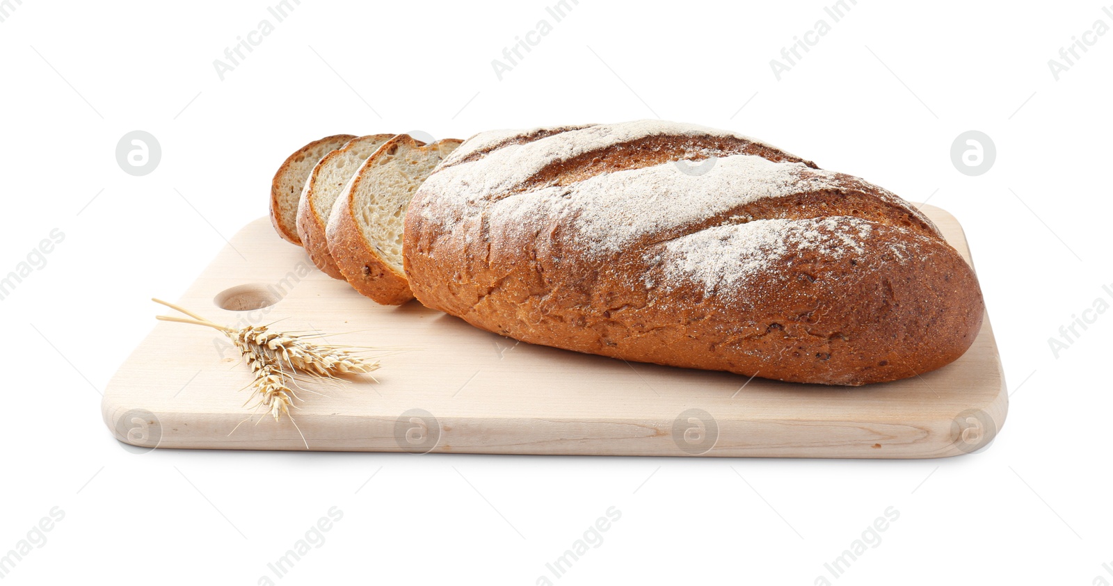 Photo of Wooden cutting board with fresh bread and spikes isolated on white