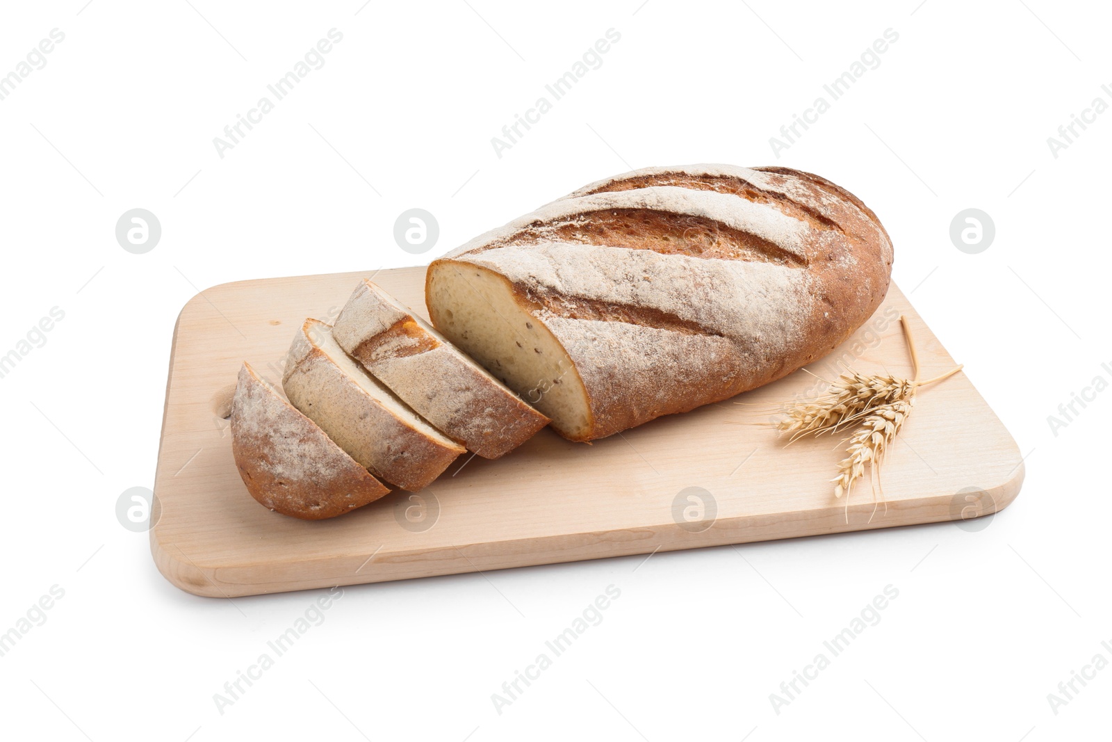 Photo of Wooden cutting board with fresh bread and spikes isolated on white