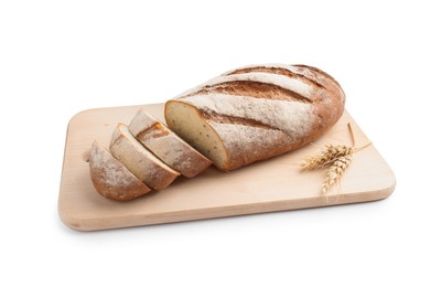 Photo of Wooden cutting board with fresh bread and spikes isolated on white