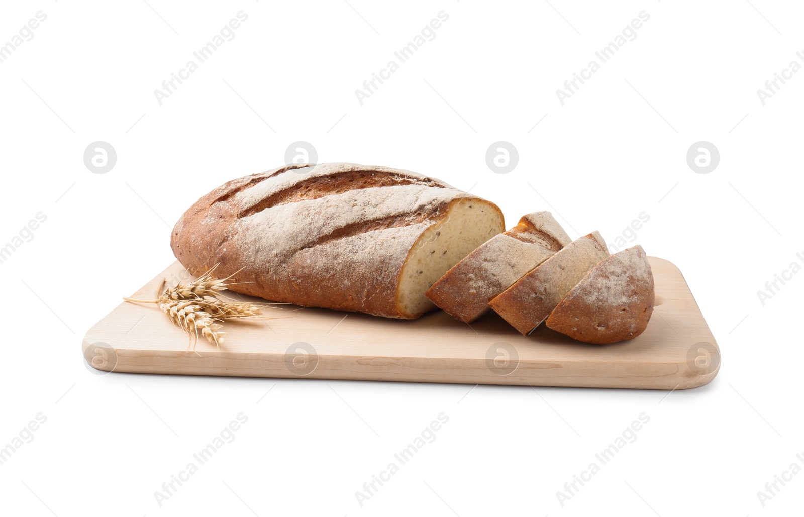 Photo of Wooden cutting board with fresh bread and spikes isolated on white