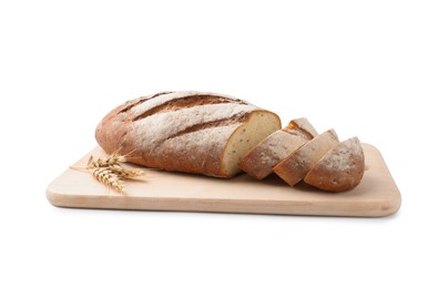 Photo of Wooden cutting board with fresh bread and spikes isolated on white