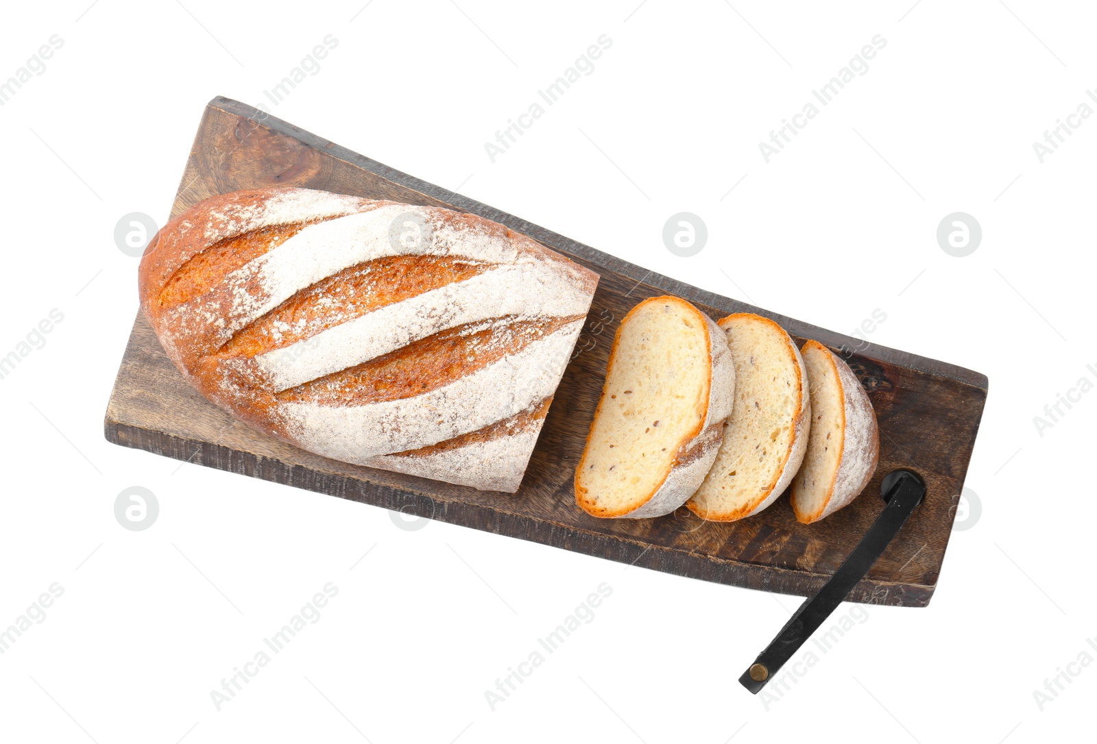 Photo of Wooden cutting board with fresh bread isolated on white, top view