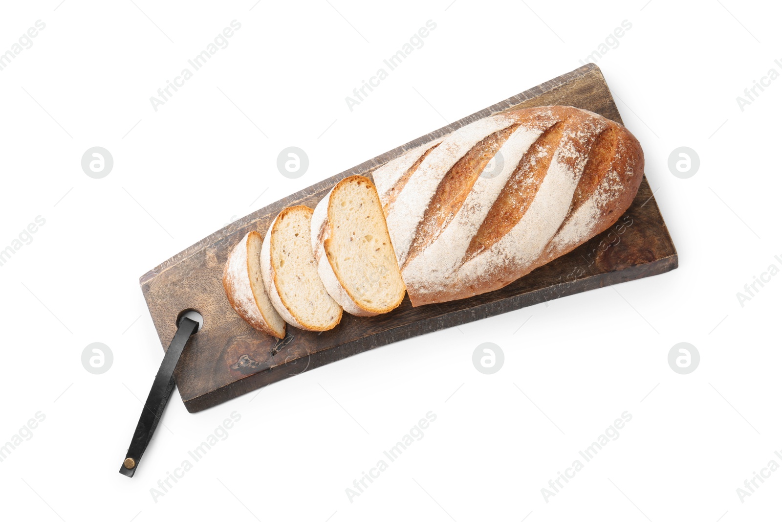 Photo of Wooden cutting board with fresh bread isolated on white, top view